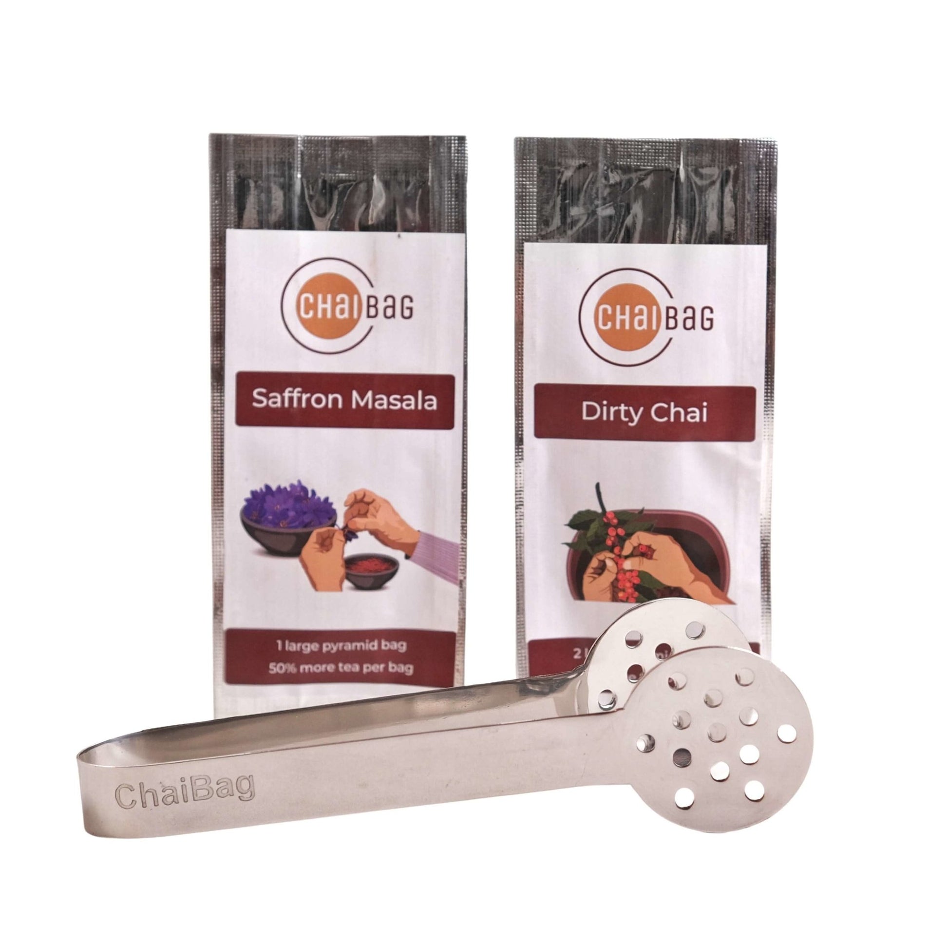 Saffaron Masala Chai Sample & Dirty Chai Sample with Tea Bag Squeezer - ChaiBag