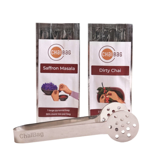 Saffaron Masala Chai Sample & Dirty Chai Sample with Tea Bag Squeezer - ChaiBag
